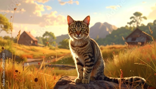 A tabby cat sits on a rock in a serene countryside landscape