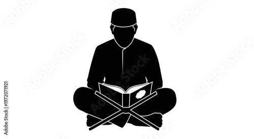 Eid Muslim man reading, Islamic silhouette, Quranic study, Religious icon isolated on White Background vector