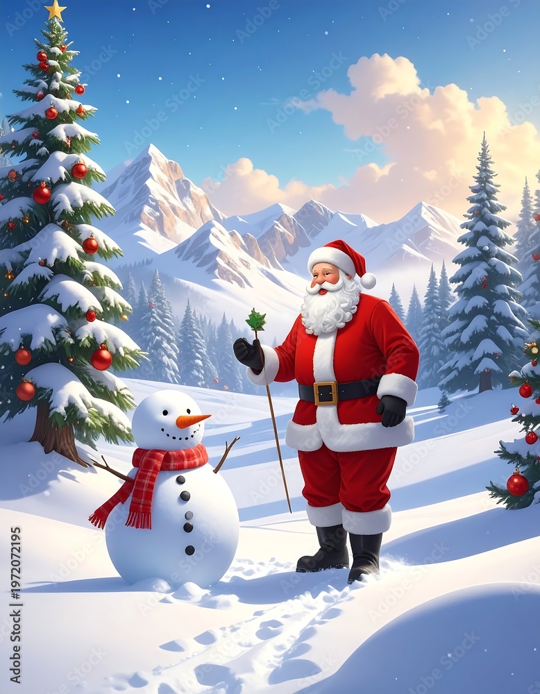 Obraz premium A jolly man in a red suit stands beside a snowman