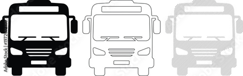 Bus Front View Icons: Solid Black Outline and Hatch Style for Transportation Concepts