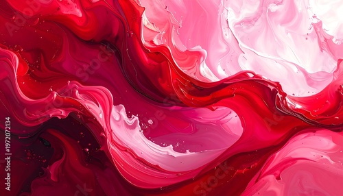A vibrant abstract artwork with swirling red and pink hues