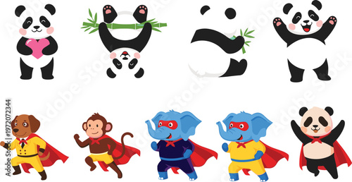Cute Animal Cartoon Illustration Set with Panda Monkey Elephant Dog Superhero Characters and Adorable Playful Poses for Kids Design Projects