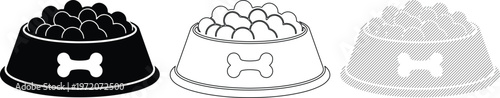 Dog Food Bowls Filled with Kibble Isolated on White Background Vector Icons