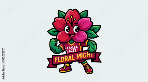 Cartoon flower character flexing muscle.