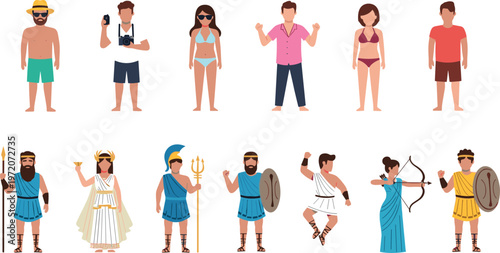 Modern and Ancient Character Illustration Set with Summer Vacation and Greek Mythology Figures in Flat Vector Style