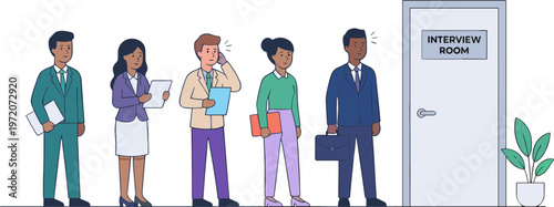 People stand in line waiting for job interview at office door