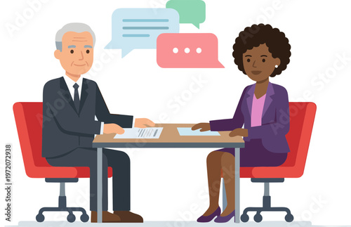 Businessman and woman discussing documents at office meeting table