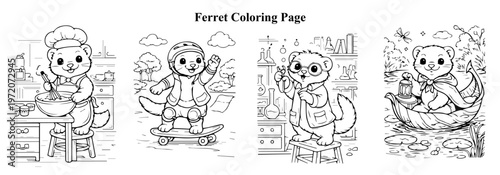 Ferret Coloring Page Bundle – Cute Black and White Line Art Ferret Activities for Kids and Adults