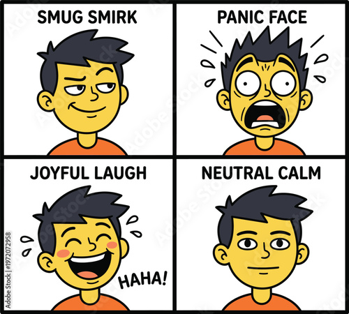 A cartoon boy displays various facial expressions including smug smirk, panic, joyful laugh, and neutral calm.