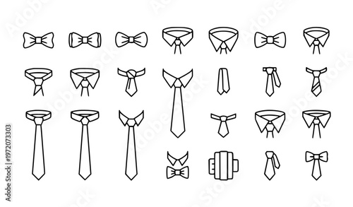 Bow tie and necktie line icon set with formal wear accessories for fashion and tailoring design