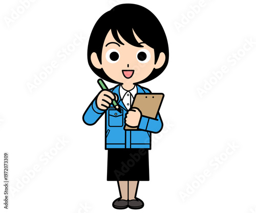 バインダーを持ってメモをとるショートヘアーの事務員の女性