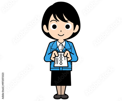 名刺を差し出すショートヘアーの事務員の女性