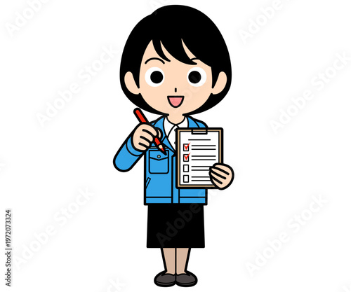 チェックリストに記入するショートヘアーの事務員の女性