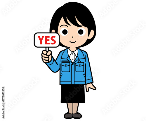YESの札を持つショートヘアーの事務員の女性
