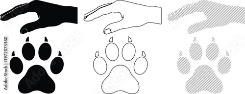 Hand Protecting Animal Paw Print Icons Silhouette Line Art Hatching Vector Graphic
