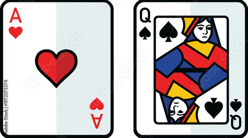 Playing Cards Ace Queen Hearts.