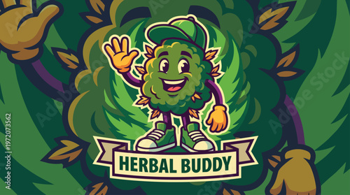 Cartoon cannabis leaf character smiling.