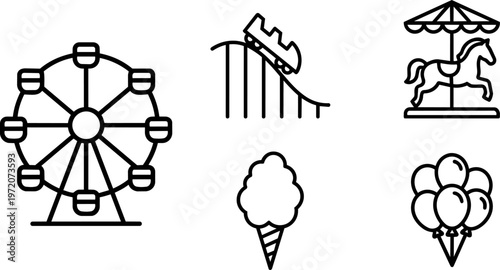 Amusement Park Ride Icons Set.