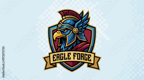 Eagle head in armor logo.