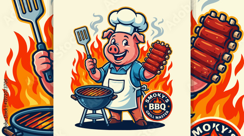 Pig Chef Grilling Sausages.