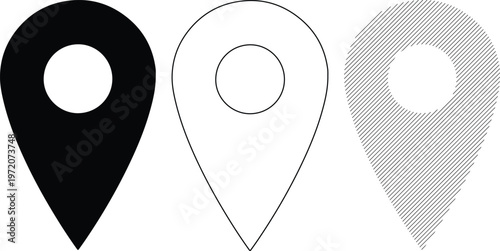 Location Pointers Vector Icons Set: Solid Outline and Hatch Fill Styles for Navigation and Mapping