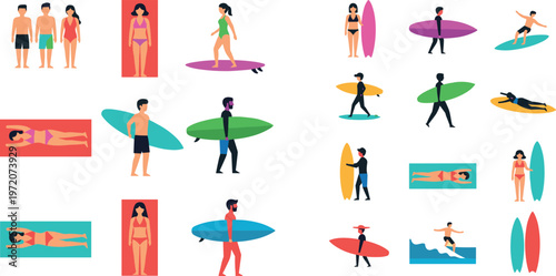 Surfing and Beach Lifestyle Illustration Set with Surfers, Beachgoers, and Surfboards in Flat Vector Style