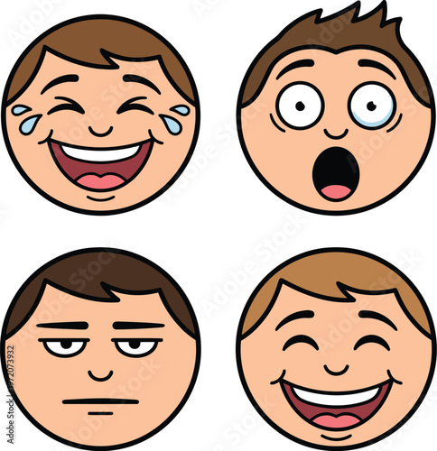 Cartoon expressive faces show various emotions smiling and reactions.