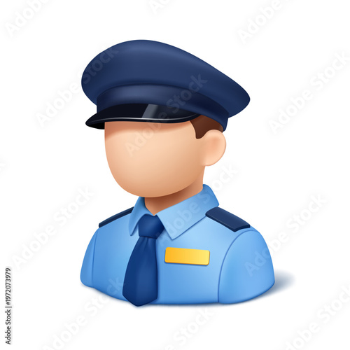 Minimal 3D security guard avatar icon featuring a uniform, cap, and badge. Clean and modern design ideal for apps, UI, safety services, and protection concepts. Vector illustration file.