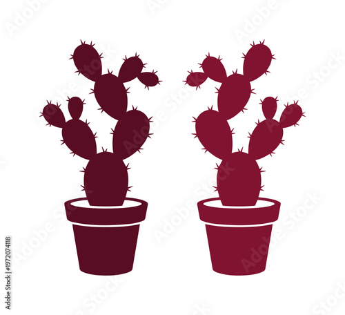 サボテンのシルエット、鉢植えのウチワサボテンのベクターイラスト、メキシコの砂漠植物のミニマルなアイコンセット、ウェブサイトやアプリの装飾に最適な観葉植物のグラフィック素材