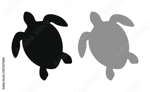 シンプルでモダンなウミガメのシルエット、黒とグレーの2色セット、海洋生物や環境保護のテーマに最適なベクターイラスト素材