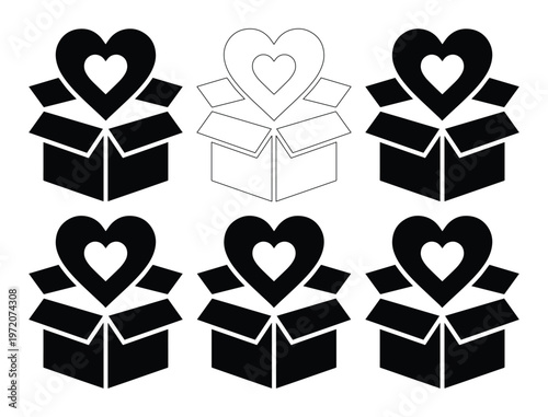 愛と感謝の贈り物、ハートが飛び出すプレゼントボックスのモノクロベクターアイコンセット。バレンタインデーや記念日、サプライズギフトに最適なシンプルで洗練されたデザイン。