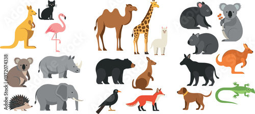 Cute Animal Illustration Set with Kangaroo, Koala, Giraffe, Camel, Dog, Elephant, and More in Flat Vector Design