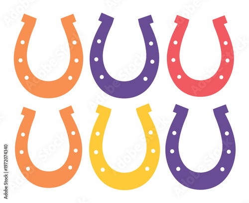 カラフルな馬蹄のベクターイラストセット、幸運と成功を象徴する伝統的な蹄鉄のアイコン、グラフィックデザインやウェブ素材に最適な6つの蹄鉄コレクション
