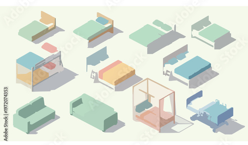 Isometric bed types collection vector illustration