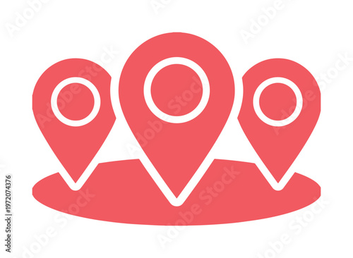 複数の場所を示す赤色のマップピンアイコン、位置情報と目的地を示すシンプルなベクターイラスト、GPSナビゲーションやロケーションサービスに最適なグラフィック素材