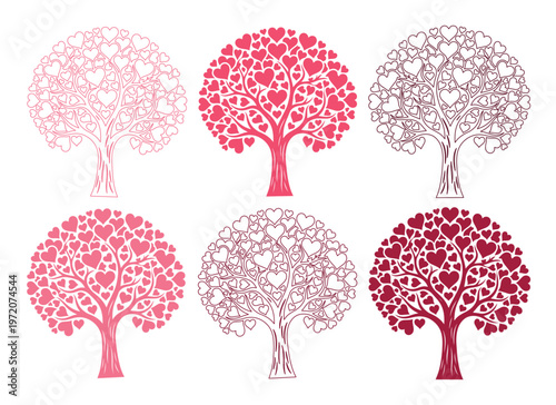 愛とロマンスを象徴するハートの木々、ピンクと赤のグラデーションが美しいバレンタインデー向けベクターイラスト素材集、結婚式や記念日のデザインに最適なロマンチックなハートツリーのセット