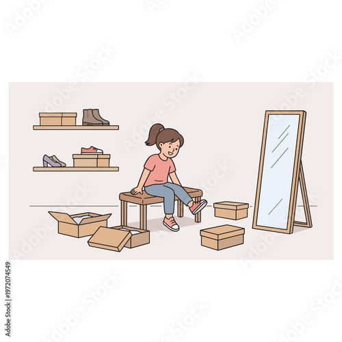 A woman tries on shoes while sitting on a stool surrounded by boxes in a room with shelves and a mirror.