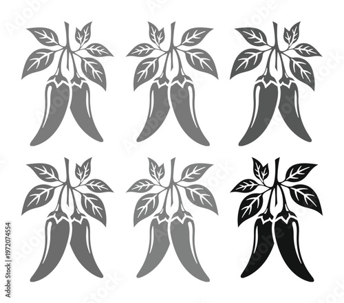唐辛子の植物、葉付きの辛いチリペッパーのモノクロベクターイラストセット、料理やスパイス関連デザインに最適な6種類のシルエットコレクション