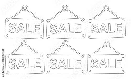 手書き風の「SALE」文字が特徴的な、6つの吊り下げ看板アイコンセット。販促、割引、広告、ショッピング関連のウェブサイトやアプリデザインに最適なベクター素材。