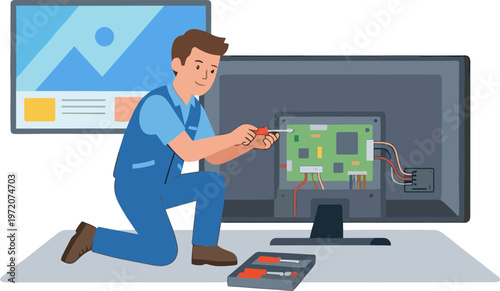 Technician repairing circuit board on computer screen with tools nearby indoors
