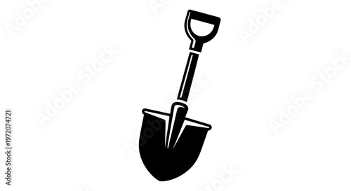 A simple black and white illustration of a shovel on a white background.