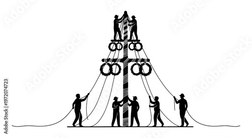 Group of people working together to pull ropes attached to a large object