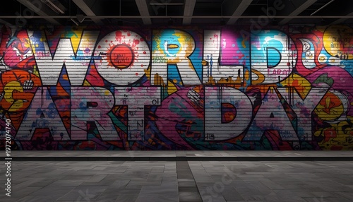 A vibrant graffiti mural on a brick wall in an urban setting with colorful artwork and a concrete floor.
