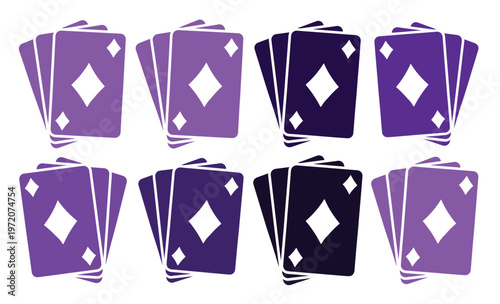 トランプのカード、ダイヤモンドのマークが特徴的な紫と紺色のベクターイラストセット。カジノ、ゲーム、ギャンブル、娯楽のコンセプトに最適なグラフィックリソース。