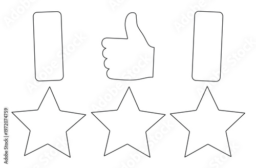 評価とレビューのシンプルな白黒ベクターアイコンセット、星評価と親指を立てた「いいね」のフィードバック、ウェブサイトやアプリのユーザーエクスペリエンスデザインに最適なミニマルな評価要素