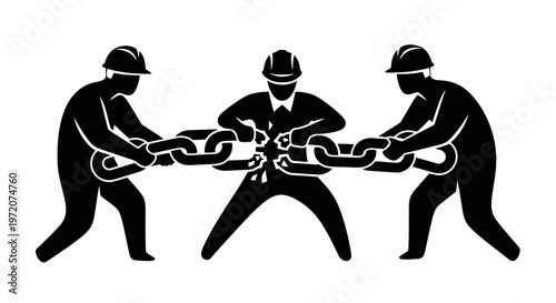 Three people in hard hats pulling on a chain together in a tug of war.