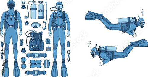 Scuba Diving Equipment Blueprint Style Illustration Set with Diver Suit Oxygen Tanks Masks Fins and Underwater Swimming Poses Collection