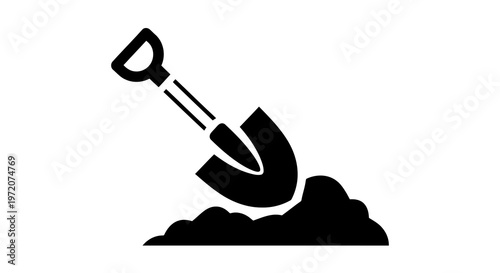 A black shovel digging into a pile of dirt on a white background.