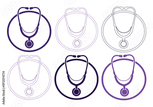 医療と健康のシンボル、聴診器のアイコンセット。診察、診断、ヘルスケア、病院、クリニック、医師、看護師の業務を表現するベクターイラスト素材。