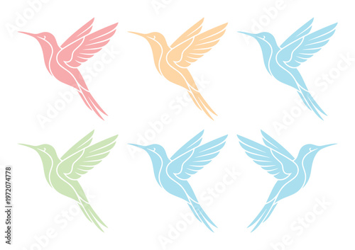 優雅に羽ばたくハチドリのベクターイラストセット、パステルカラーの美しい鳥のシルエット、自然と生命を象徴するデザイン素材、ロゴや装飾に最適なグラフィックリソース